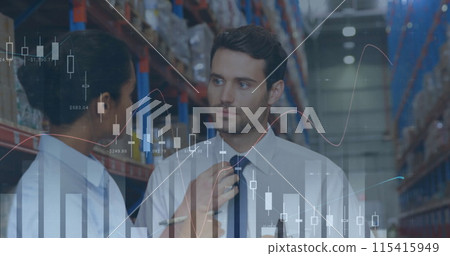 Image of statistics and financial data processing over man and woman working in warehouse Image of statistics and financial data processing over man and woman working in warehouse 115415949