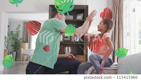 Image of leaves and hearts over caucasian father tying shoes of his daughter Image of leaves and hearts over caucasian father tying shoes of his daughter 115415960