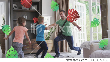 Image of leaves and hearts over caucasian father coming back home and hugging kids Image of leaves and hearts over caucasian father coming back home and hugging kids 115415962