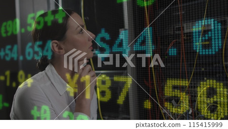 Image of data processing over caucasian female it engineer checking computer servers Image of data processing over caucasian female it engineer checking computer servers 115415999