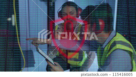 Image of data over diverse male and female it engineers with tablet by computer server 115416005