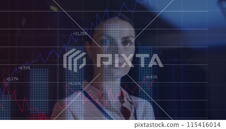Image of data processing over caucasian female it engineer with tablet checking computer servers Image of data processing over caucasian female it engineer with tablet checking computer servers 115416014