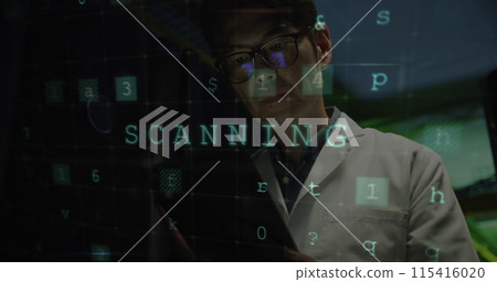 Image of cyber attack warning over asian male it engineer with tablet by computer server Image of cyber attack warning over asian male it engineer with tablet by computer server 115416020