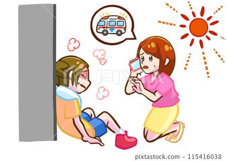 A woman calls an ambulance for a child who has collapsed from heat stroke 115416038