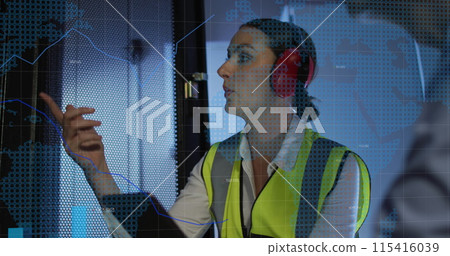 Image of data processing over caucasian female it engineer with tablet checking computer servers Image of data processing over caucasian female it engineer with tablet checking computer servers 115416039