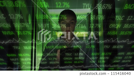 Image of data processing over caucasian female it engineer with tablet checking computer servers Image of data processing over caucasian female it engineer with tablet checking computer servers 115416040