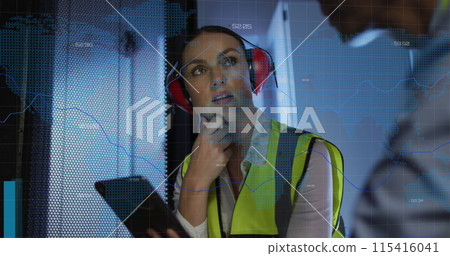 Image of data processing over caucasian female it engineer with tablet checking computer servers Image of data processing over caucasian female it engineer with tablet checking computer servers 115416041
