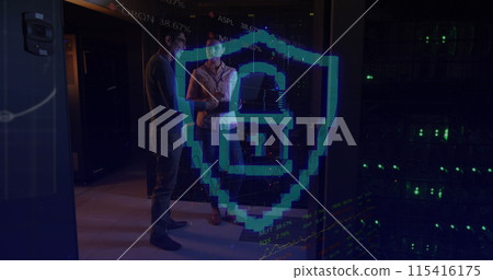 Image of padlock over diverse female and male it engineers by computer servers 115416175