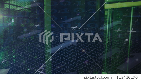 Image of data processing and arrows over green lights of computer servers 115416176