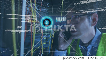 Image of data over asian male it engineer with phone checking computer server 115416178