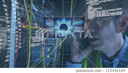 Image of data over asian male it engineer with phone checking computer server Image of data over asian male it engineer with phone checking computer server 115416184