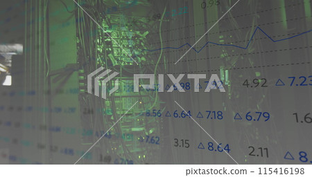 Image of data processing over green lit computer servers 115416198