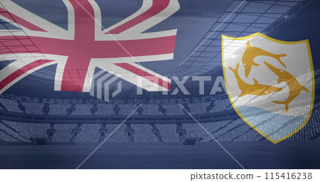 Image of flag of anguilla over sports stadium 115416238