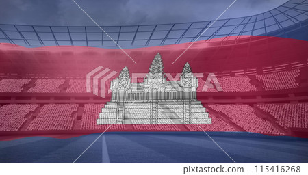 Image of flag of cambodia over sports stadium 115416268