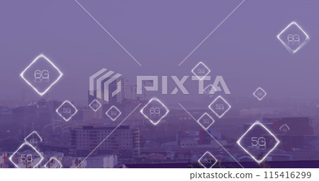 Image of network of 6g text over cityscape 115416299