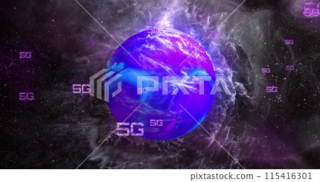 Image of network of 5g text over globe and light trails Image of network of 5g text over globe and light trails 115416301