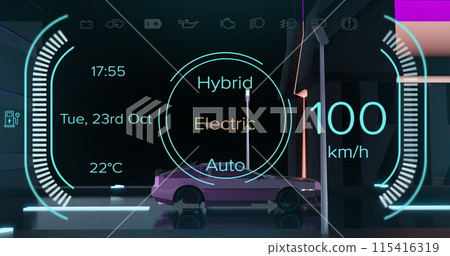 Image of digital interface with charging text over electric car driving 115416319
