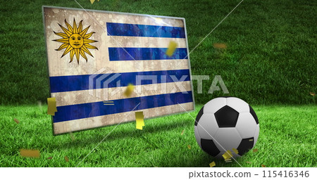 Image of confetti and flag of uruguay over football and stadium Image of confetti and flag of uruguay over football and stadium 115416346