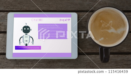 Image of tablet with ai chatbot icon and data processing Image of tablet with ai chatbot icon and data processing 115416439