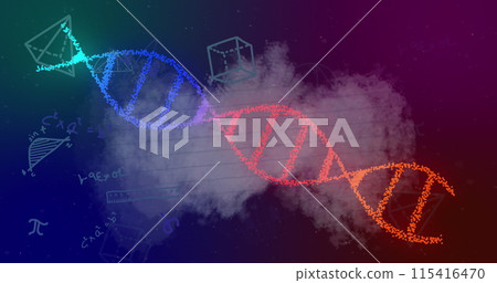 Image of mathematical equations with rotating DNA strand on a blue and purple background 115416470