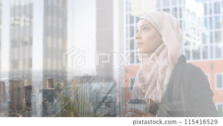Image of asian woman in hijab with coffee over cityscape Image of asian woman in hijab with coffee over cityscape 115416529