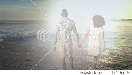 Image of african american couple holding hands at beach over sea 115416539