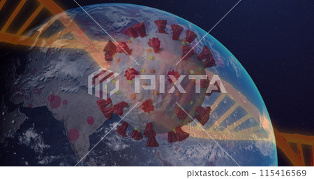 Image of 3D coronavirus Covid 19 cell with rotating DNA strand floating over spinning globe Image of 3D coronavirus Covid 19 cell with rotating DNA strand floating over spinning globe 115416569
