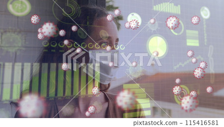 Digital image depicts global COVID-19 impact with graphs and masked woman. 115416581