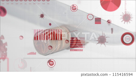 Image of digital interface graphs, statistics and coronavirus Covid 19 cells over knife cutting coin 115416594