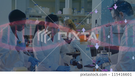 Digital image depicts scientists and DNA in a global COVID-19 study concept. 115416601