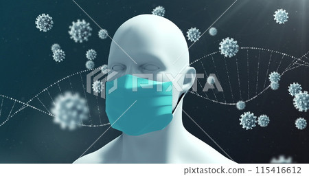 Image of rotating DNA strand and Covid 19 cells spreading over model of human head wearing face mask Image of rotating DNA strand and Covid 19 cells spreading over model of human head wearing face mask 115416612