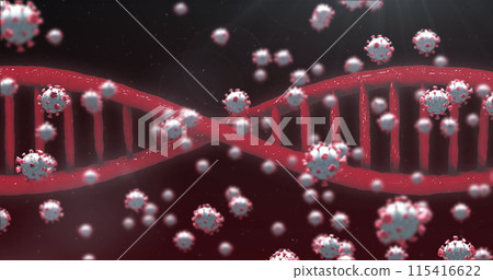Image of 3D coronavirus Covid 19 cells spreading with rotating DNA strand Image of 3D coronavirus Covid 19 cells spreading with rotating DNA strand 115416622