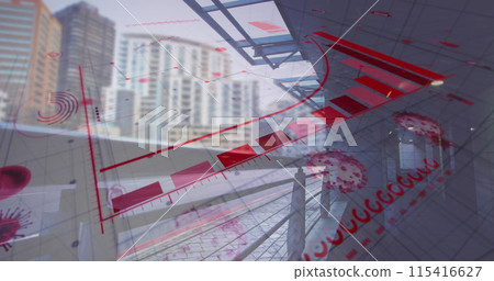 Image of digital interface with graphs and statistics over road and cars 115416627