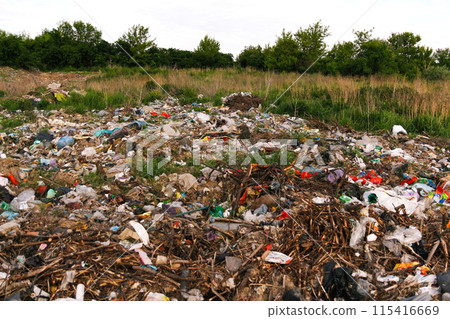 A landfill site with garbage and debris in the background. Environmental pollution caused by landfill waste. Trash and debris on a landfill background. environmental pollution and waste management A landfill site with garbage and debris in the background. Environmental pollution caused by landfill waste. Trash and debris on a landfill background. environmental pollution and waste management 115416669