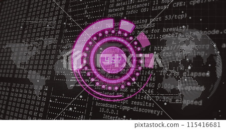 Image of purple circle with numbers over data and world map 115416681