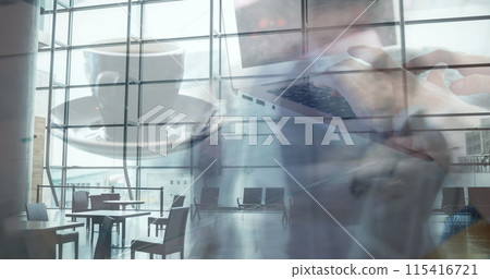 Image of hands of woman working on laptop over sped up commuters walking in modern building 115416721