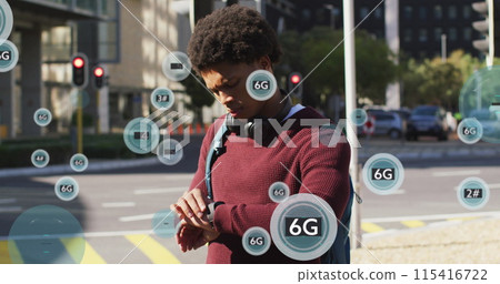 Image of 6g texts over african american man using smartwatch 115416722