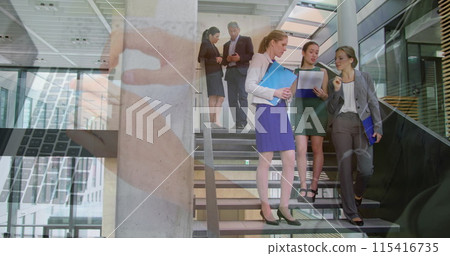 Image of hands of man using laptop over business colleagues walking down stairs at workplace Image of hands of man using laptop over business colleagues walking down stairs at workplace 115416735