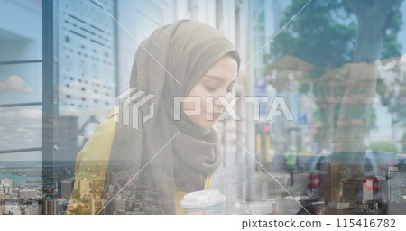 Image of asian woman in hijab drinking coffee over landscape Image of asian woman in hijab drinking coffee over landscape 115416782