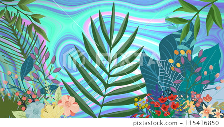 Image of leaves and moving colourful liquid background 115416850