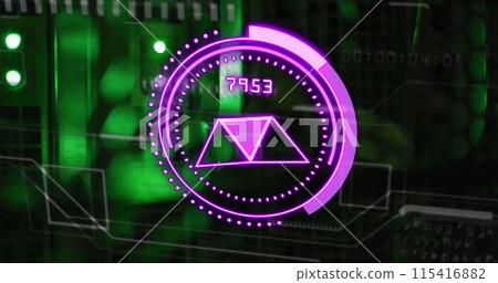 Image of purple circle with numbers over green digital screen 115416882