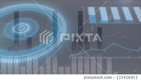 Image of glowing interface with charts and graphs moving on dark background 115416911