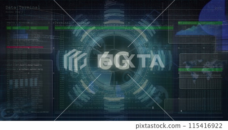 Image of 6g text and glowing interface with charts and information moving on black background Image of 6g text and glowing interface with charts and information moving on black background 115416922