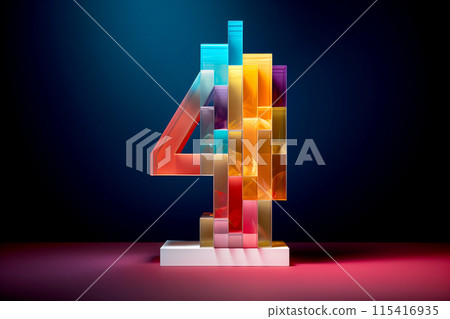 Number 4, four. Four multicolored glass digits, vibrant numeral 4, colorful number design 115416935