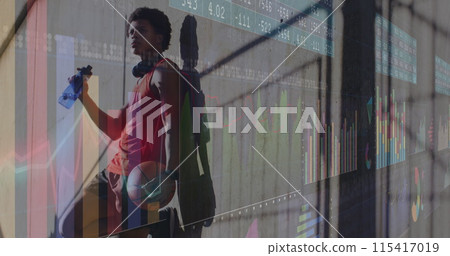 Image of data processing over african american man drinking water Image of data processing over african american man drinking water 115417019