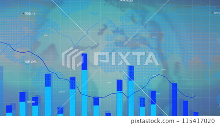 Image of interface with graphs and statistics with glowing world map on blue background Image of interface with graphs and statistics with glowing world map on blue background 115417020