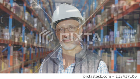 Image of data processing over man working in warehouse 115417100