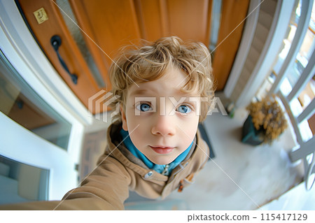 A child's smile seen through a fisheye lens AI image 115417129