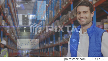 Image of data processing over people working in warehouse 115417130