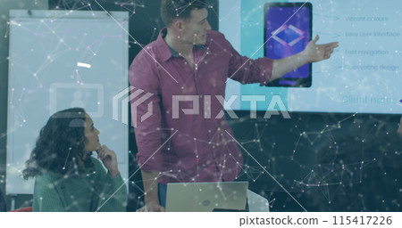 Image of data processing over diverse business people working in office Image of data processing over diverse business people working in office 115417226